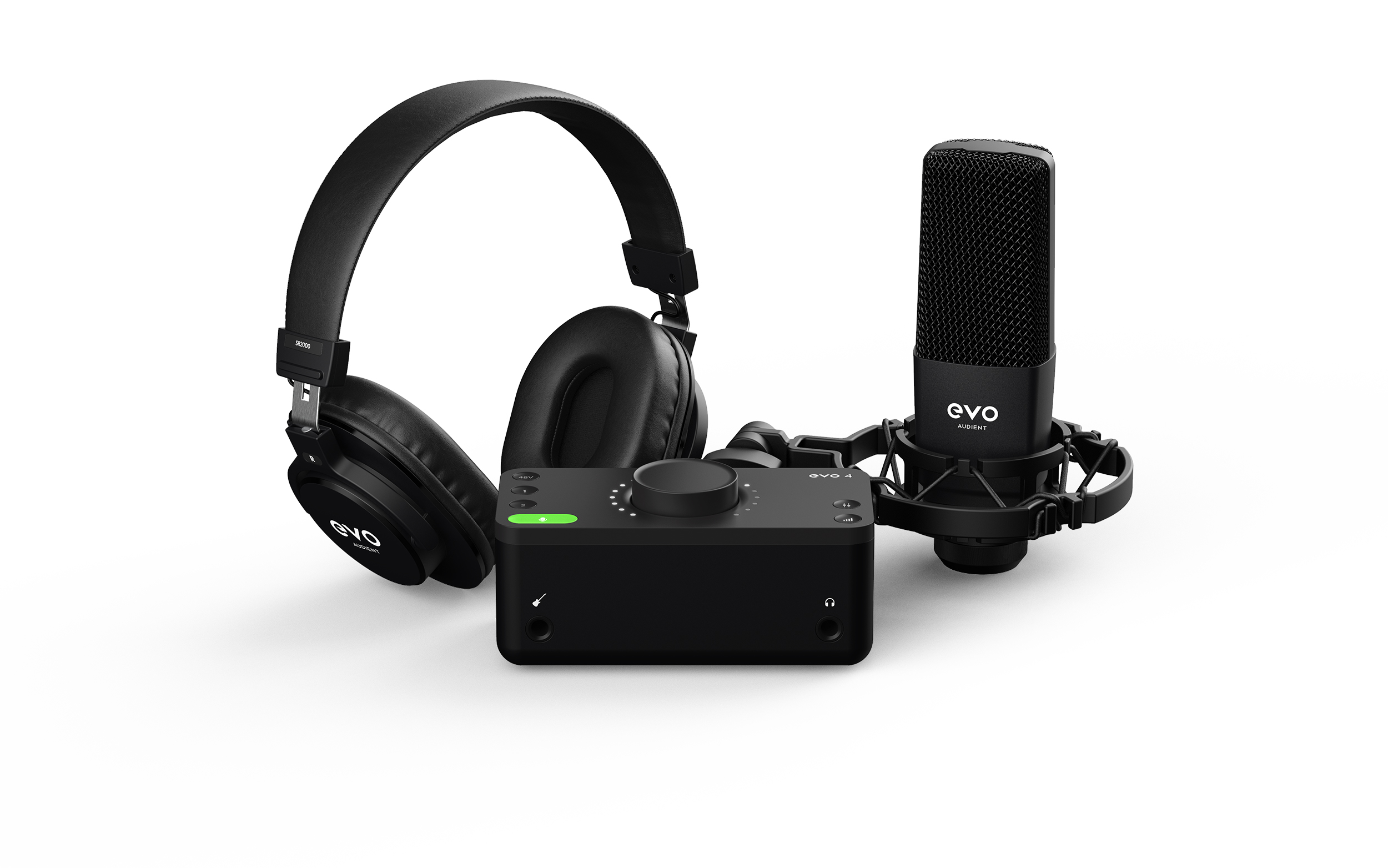 EVO Start Recording Bundle Audient Pack avec 1 carte son, 1 casque, 1 micro avec support et 1 cable