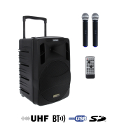 BE 9412 V2 Power Acoustics - enceinte autonome avec lecteur CD MP3 SD USB DIVX Bluetooth et 2 micro mains sans fil UHF