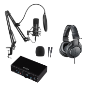 Pack avec pied de micro, micro XLR, carte son et casque pour enregistrement studio