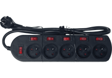 Multiprise noire 5 prises 16A 5 interrupteurs lumineux + 1 général cordon 2 mètres