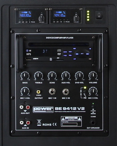 BE 9412 V2 Power Acoustics - enceinte autonome avec lecteur CD MP3 SD USB DIVX Bluetooth et 2 micro mains sans fil UHF