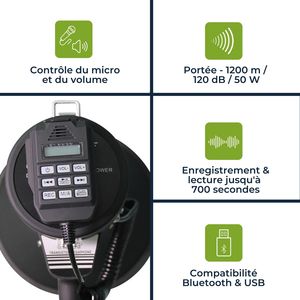 Mégaphone 50W bluetooth, USB et sirène noir mat