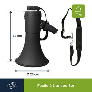 Mégaphone 50W bluetooth, USB et sirène noir mat