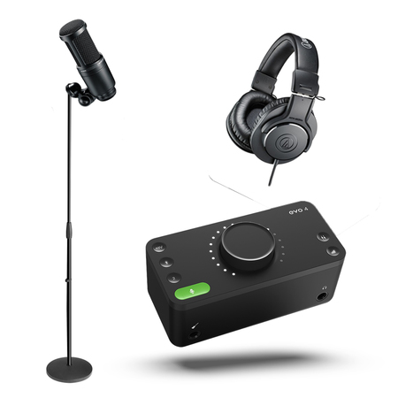 Image principale du produit Pack Studio solo Audio technica AT 2020 & casque M20x et Audient EVO4 avec pied de micro