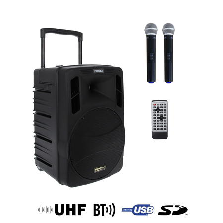 Image principale du produit BE 9412 V2 Power Acoustics - enceinte autonome avec lecteur CD MP3 SD USB DIVX Bluetooth et 2 micro mains sans fil UHF