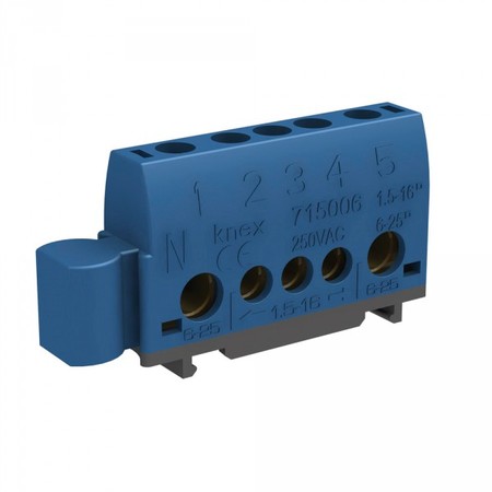 Image principale du produit Bornier pour rail Din 2 bornes 6-25mm2 et 3 bornes de 1,5 à 16mm2 bleu pour neutre