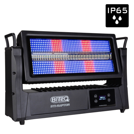 Image principale du produit BTI-RAPTOR Briteq - Stroboscope motorisé IP65 haute puissance, 144 LEDs blanches 8 sections, 576 LEDs RGB 16 zones