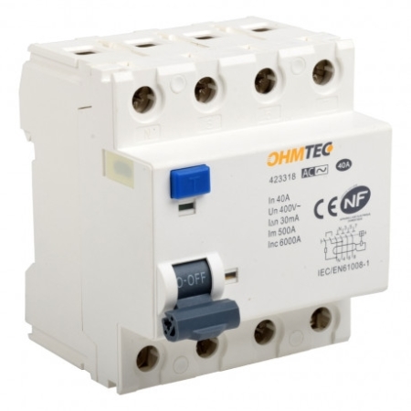 Image principale du produit Interrupteur différentiel 30mA tétrapolaire 40A type A Ohmtec