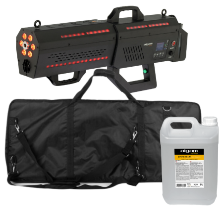 Image principale du produit PACK FMG-CYCLONE HOUSSE ALGAM LIGHTING - Machine à fumée portable 1200W batterie 60s jet 10m sac de transport et 5l de liquide steam offert