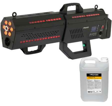 Image principale du produit PACK FMG-CYCLONE ALGAM LIGHTING - Machine à fumée portable 1200W batterie 60s jet 10m + 5l de liquide steam
