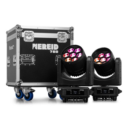 Image principale du produit Flight de 2 Nereid760 BeamZ Pro – 2 Lyres Wash Bee Eyes 7 X 60W RGBW IP65 en Flightcase