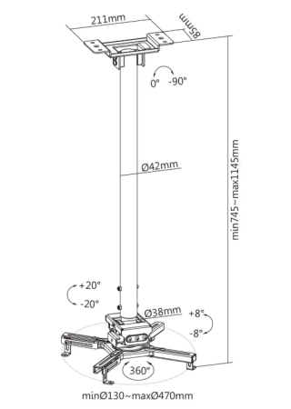 Image nº8 du produit Support plafond pour vidéoprojecteur, Orientable et inclinable, Hauteur réglable 70-117 cm, Coloris Noir